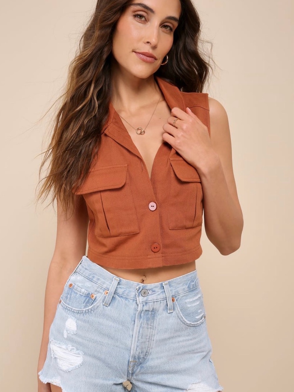 Lulus Brown Twill Button-Up Cropped Vest Top